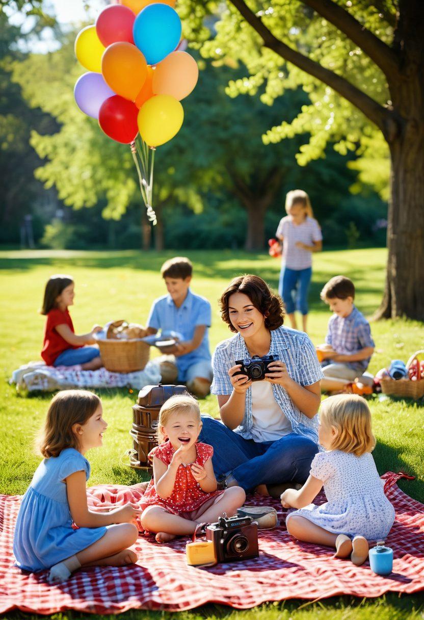 A joyful family picnic scene in a sunlit park, with children laughing and playing while parents capture the moments with vintage cameras. Surrounding them are balloons, a vibrant picnic blanket, and a scenic backdrop of blooming flowers and trees, symbolizing happiness and cherished memories. super-realistic. vibrant colors. warm lighting.