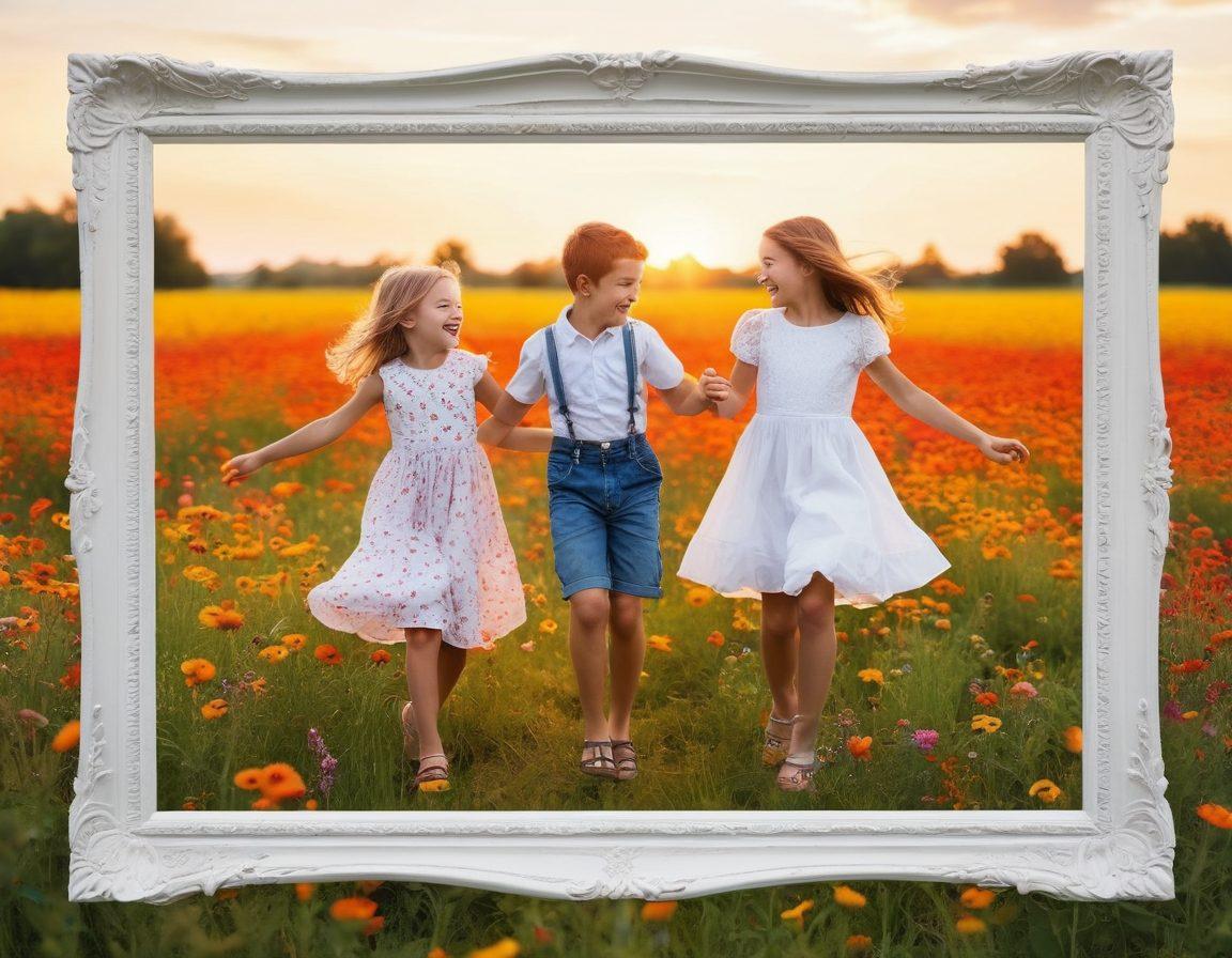 A vibrant collage of photographs capturing joyful moments: children laughing, a couple dancing in a field, friends sharing a meal, and nature's beauty like sunsets and blooming flowers, all framed with whimsical borders. The overall tone should evoke warmth and happiness, inviting viewers to reminisce and celebrate life. Use bright, cheerful colors to enhance the emotions in each image. super-realistic. vibrant colors. white background.
