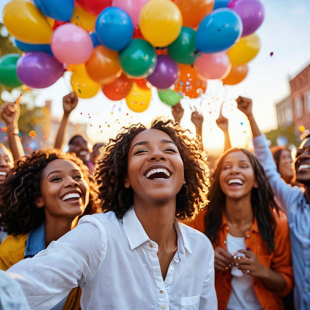 A camera lens focused on a vibrant sunrise over a joyful gathering of diverse people celebrating together, showcasing laughter and connection. In the background, colorful balloons and confetti float in the air, symbolizing happiness. The foreground features a blurred effect to emphasize the depth of field, inviting the viewer to feel the moment. super-realistic. vibrant colors. 3D.